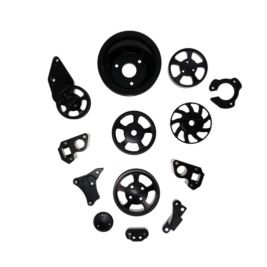 GM LT Serpentine Front Drive System Brackets, Pulleys, and Belt Tensioner - Black