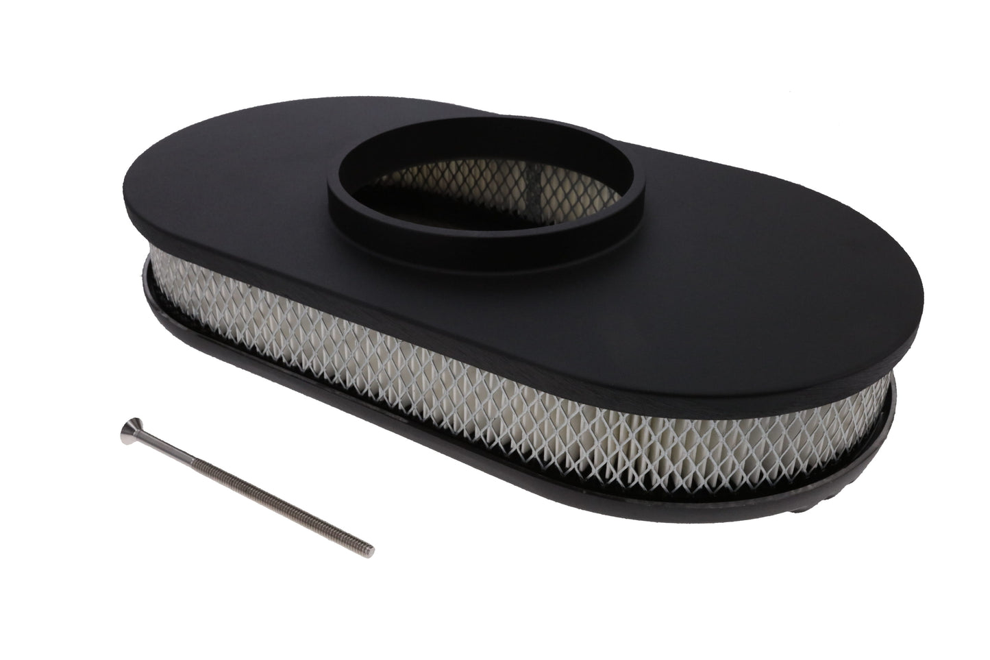 15" X 2" Center Finned Oval Aluminum Air Cleaner Kit, Paper Filter, Flat Base - Black