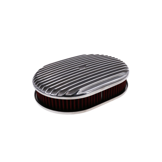 12″ X 2″ Full Finned Oval Aluminum Air Cleaner Kit, Red Washable Filter, Flat Base - Polished