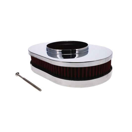 12" X 2" Oval Steel Air Cleaner Kit, Red Washable Filter, Flat Base - Chrome