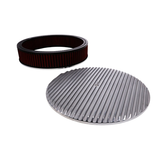 14" X 3" Full Finned Round Aluminum Air Cleaner Kit, Red Washable Filter, Flat Base - Polished