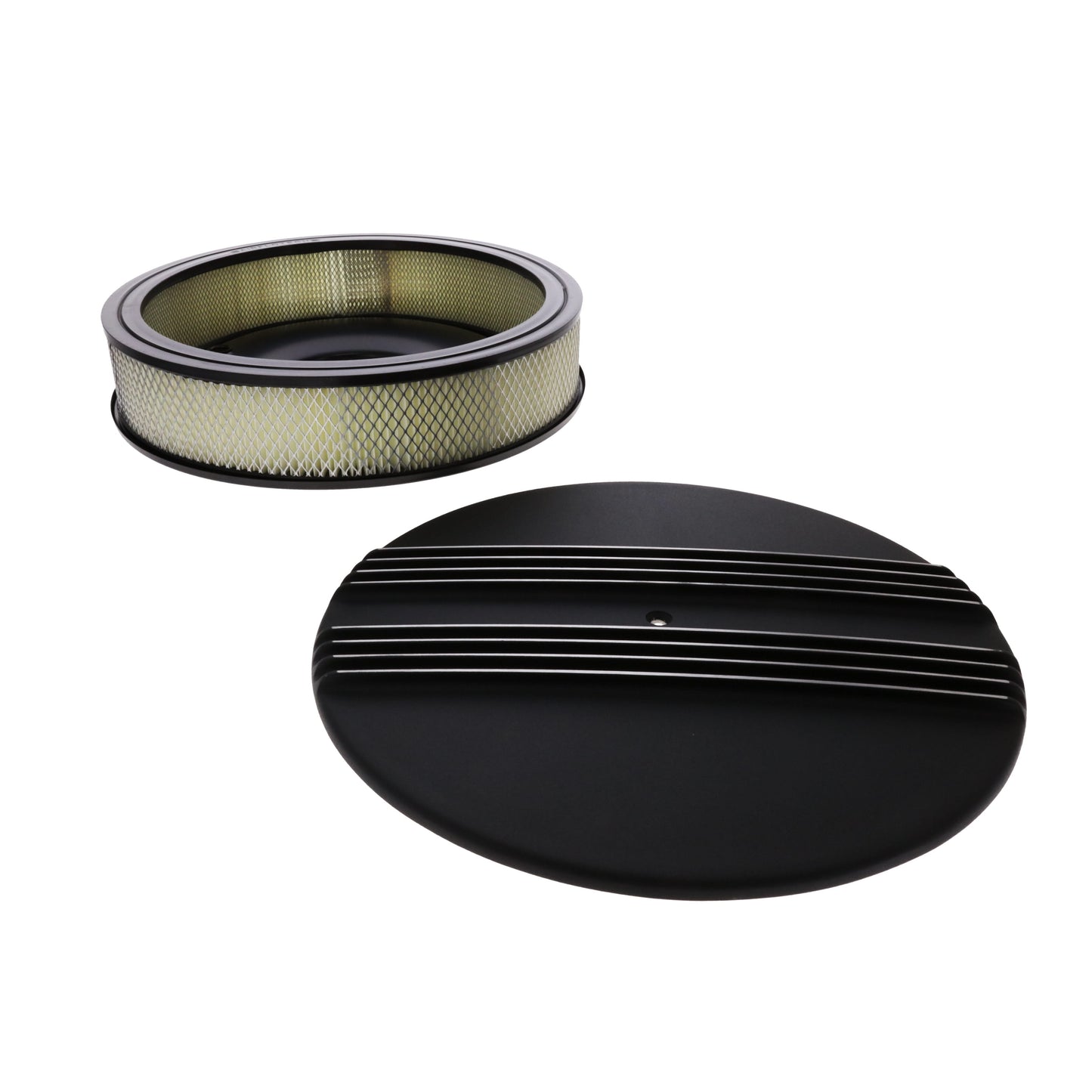 14" X 3" Center Finned Round Aluminum Air Cleaner Kit, Paper Filter, Flat Base - Black