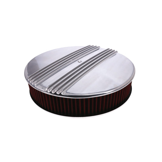 14" X 3" Center Finned Round Aluminum Air Cleaner Kit, Red Washable Filter, Flat Base - Polished