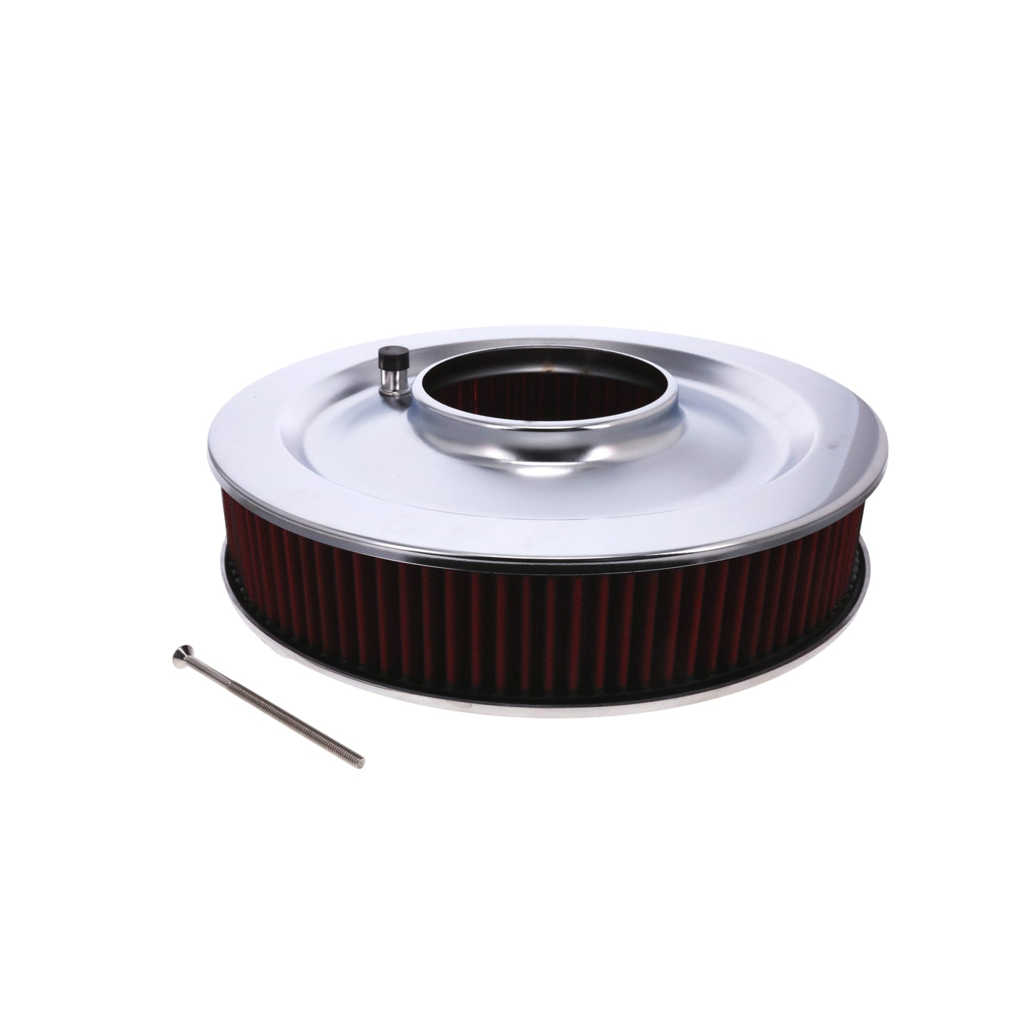 14" X 3" Center Finned Round Aluminum Air Cleaner Kit, Red Washable Filter, Flat Base - Polished