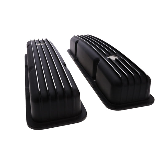 1958-1986 Chevy SB Finned Aluminum Valve Covers, 2 9/16" Ht., 1.25" Hole - Black