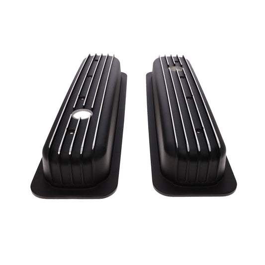 1987-2000 Chevy SB Finned Aluminum Center Bolt Valve Cover, 2 9/16" Ht., 1.25" Hole - Black