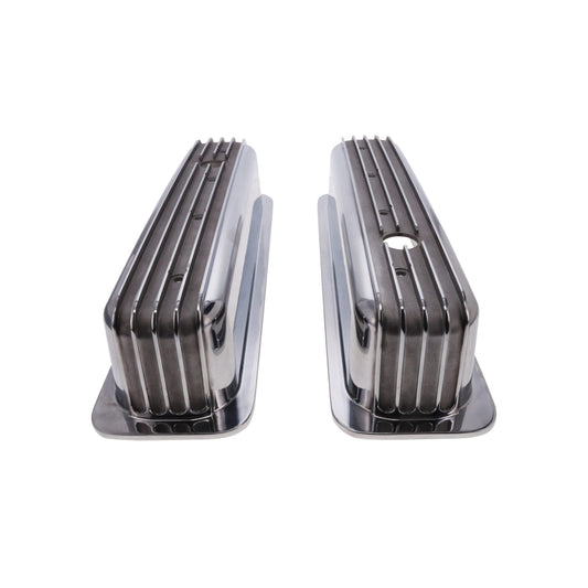 1987-2000 Chevy SB Finned Aluminum Center Bolt Valve Cover, 3 11/16" Ht., 1.25" Hole, Polished