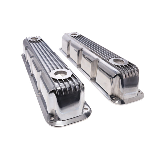 1992-2003 Mopar SB V8 Finned Aluminum Valve Covers, 3 1/2" Ex. 3 1/8" In. Ht., 1.25" Hole, Polished