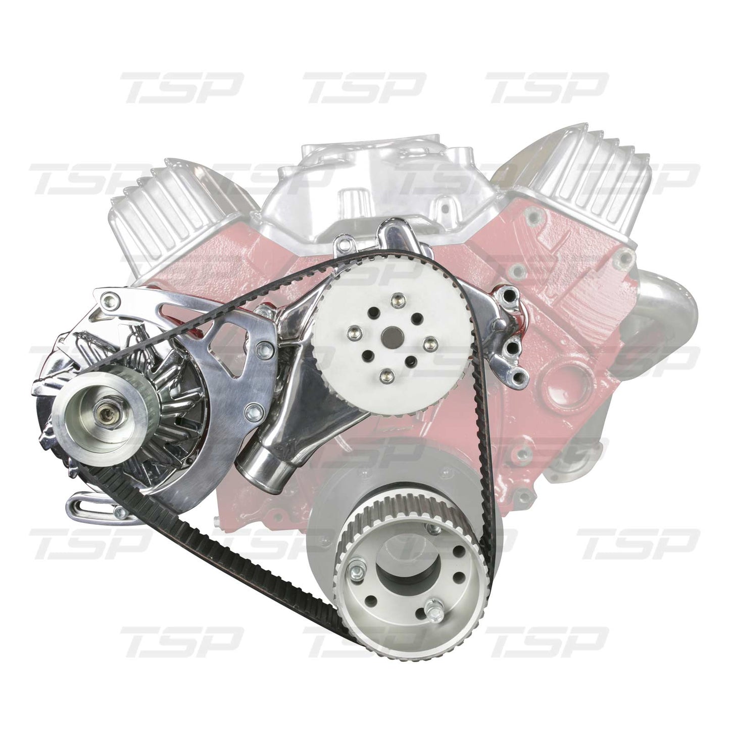 TSP Chevy Small Block Gilmer Style Front Drive Kit with Mid Mount Alternator — angle view