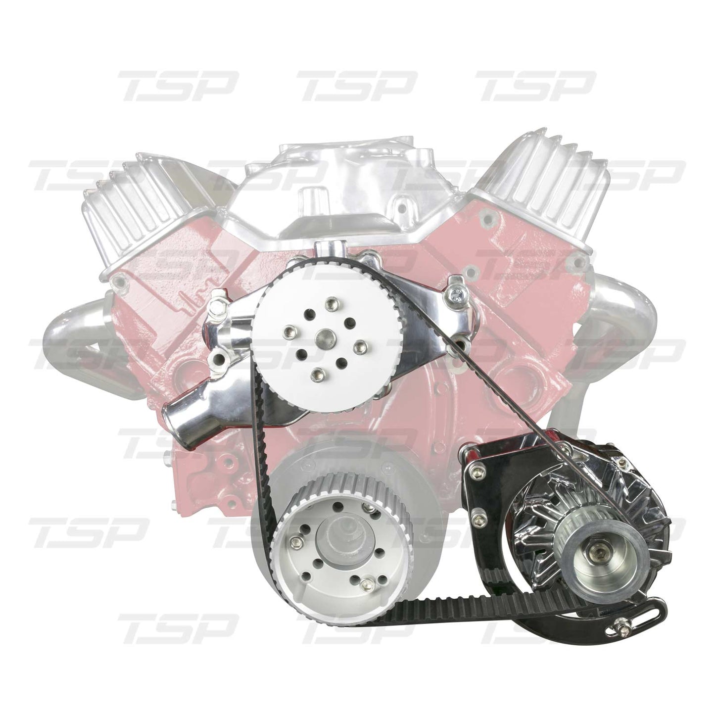 Top Street Performance Chevy Small Block Gilmer Style Front Drive Kit with Low Mount Alternator - front view