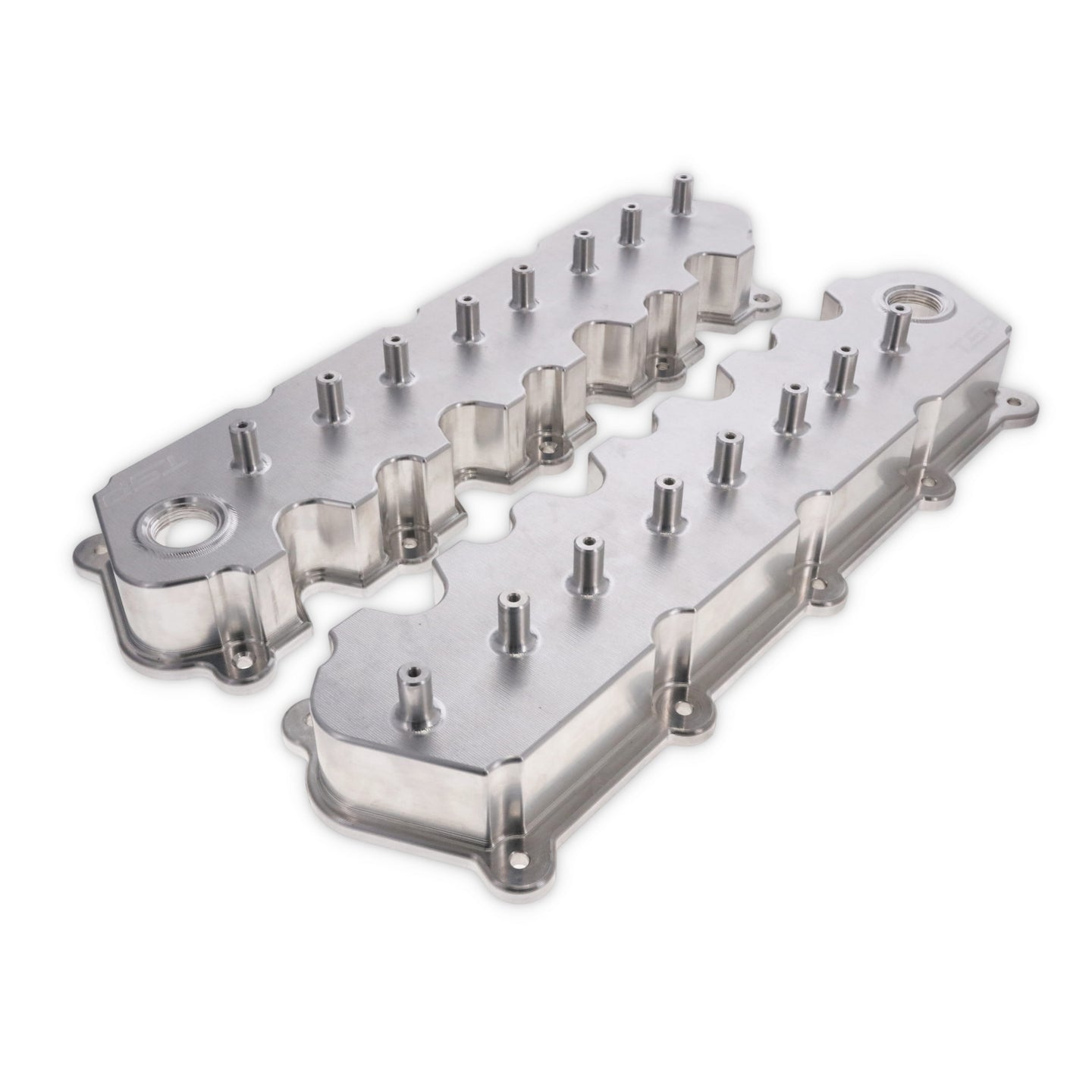 Top Street Performance V Series Ford 7.3L Godzilla Billet Aluminum Valve Covers with Coil Covers - Natural - front view