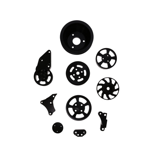 V Series GM LS Serpentine Front Drive System Brackets, Pulleys, and Belt Tensioner - Black