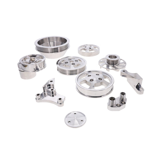 V Series GM LS Serpentine Front Drive System Brackets, Pulleys, and Belt Tensioner - Polished