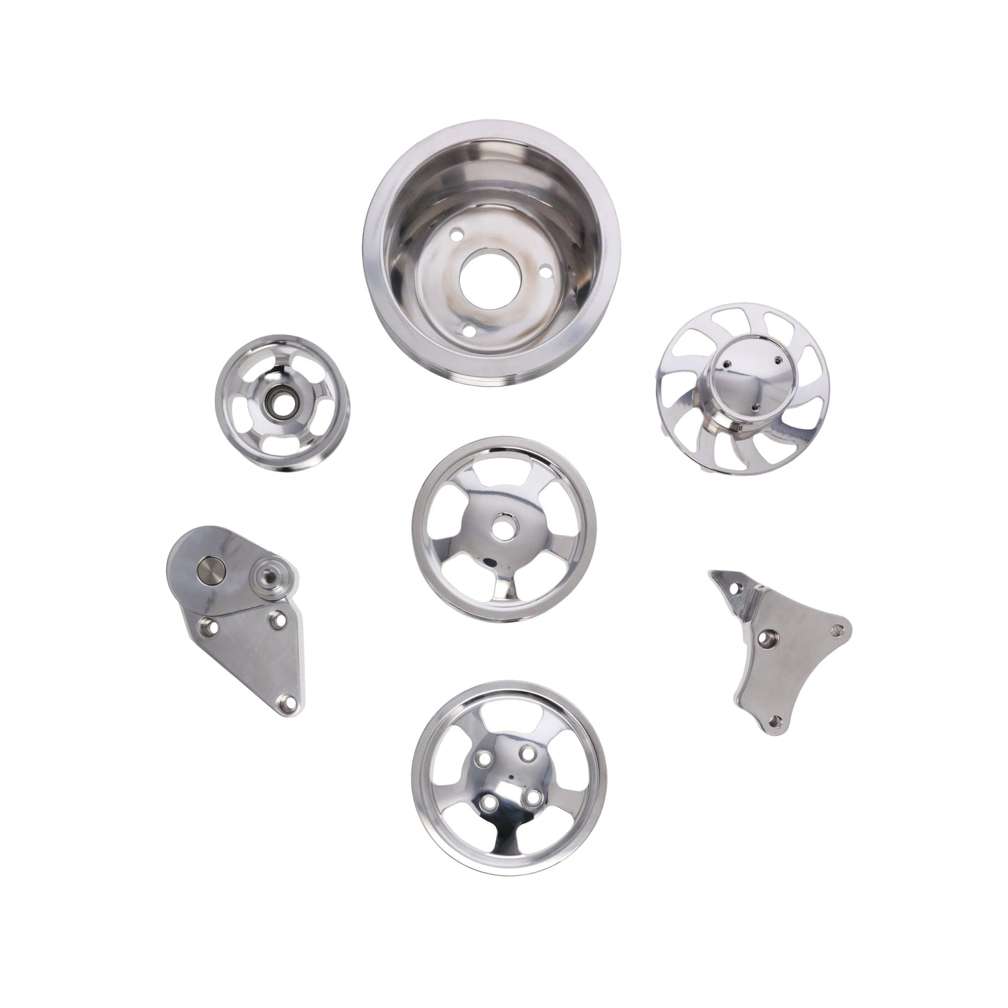 GM LS No A/C Serpentine Front Drive System Brackets, Pulleys, and Belt Tensioner - Polished