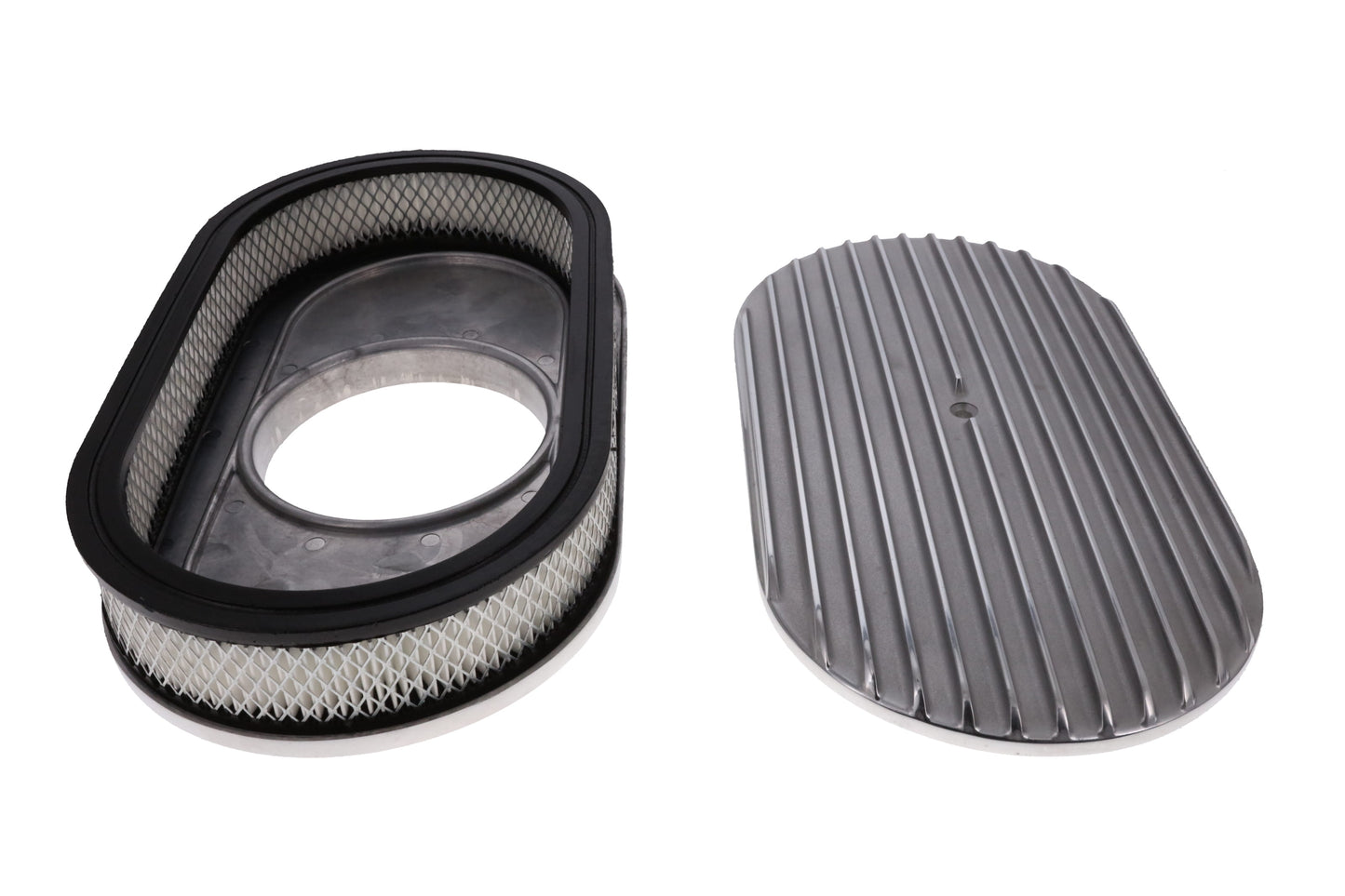 15" X 2" Full Finned Oval Aluminum Air Cleaner Kit, Paper Filter, Flat Base - Polished