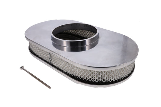 15" X 2" Full Finned Oval Aluminum Air Cleaner Kit, Paper Filter, Flat Base - Polished