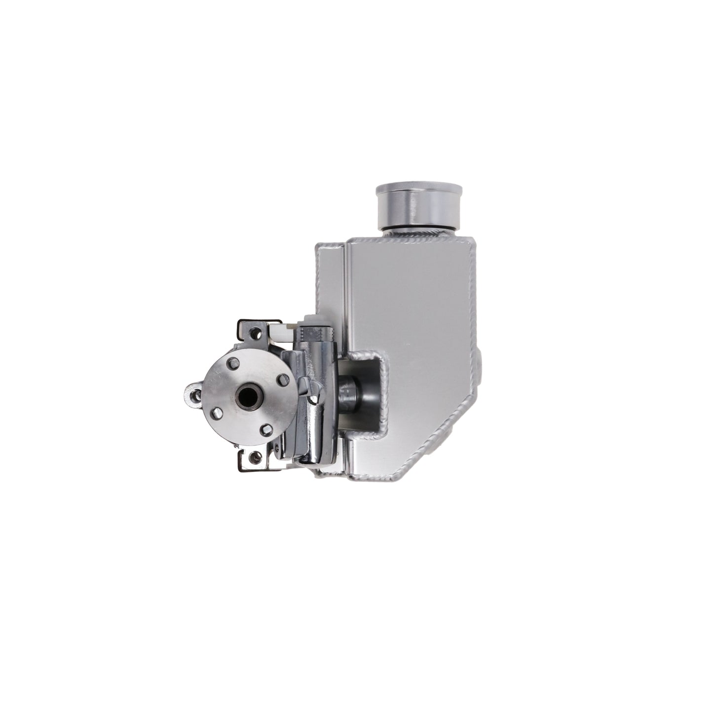 GM Type II Style Power Steering Pump with 18 oz Fabricated Aluminum Reservoir and Pulley Hub - Chrome