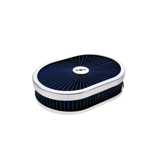 12" X 2" Oval Steel Air Cleaner Kit, Blue Washable Filter, Flat Base - Chrome