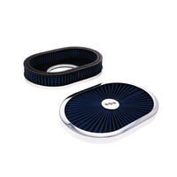 12" X 2" Oval Steel Air Cleaner Kit, Blue Washable Filter, Flat Base - Chrome