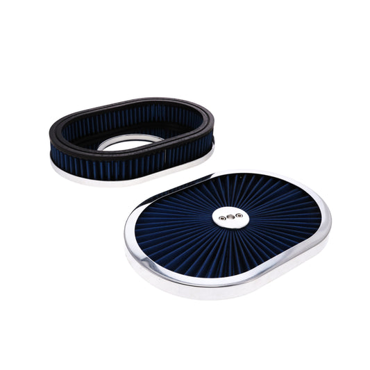 12" X 2" Oval Steel Air Cleaner Kit, Blue Washable Filter, Flat Base - Chrome