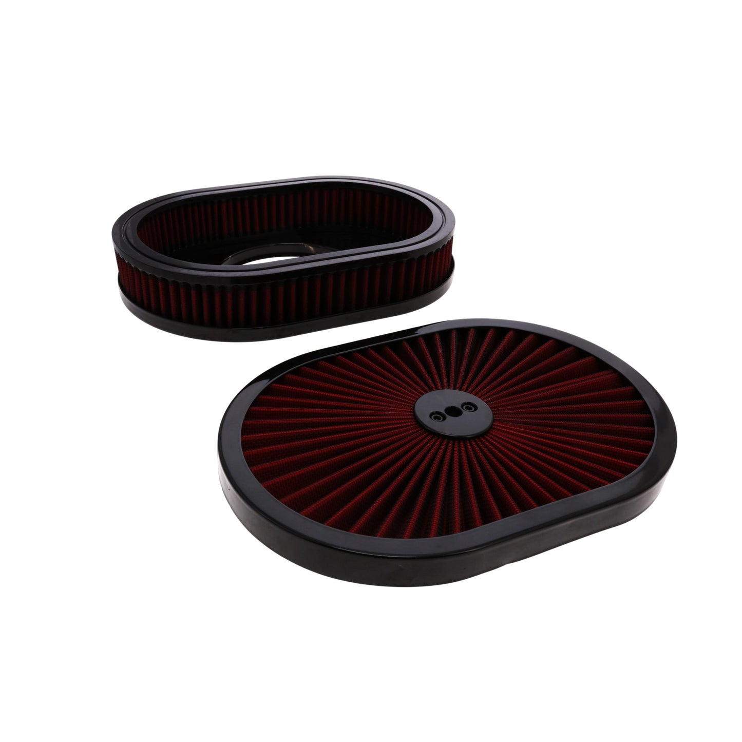 12" X 2" Oval Steel Air Cleaner Kit, Red Washable Filter, Flat Base - Black