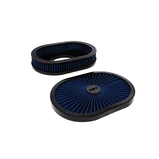 12" X 2" Oval Steel Air Cleaner Kit, Blue Washable Filter, Flat Base - Black