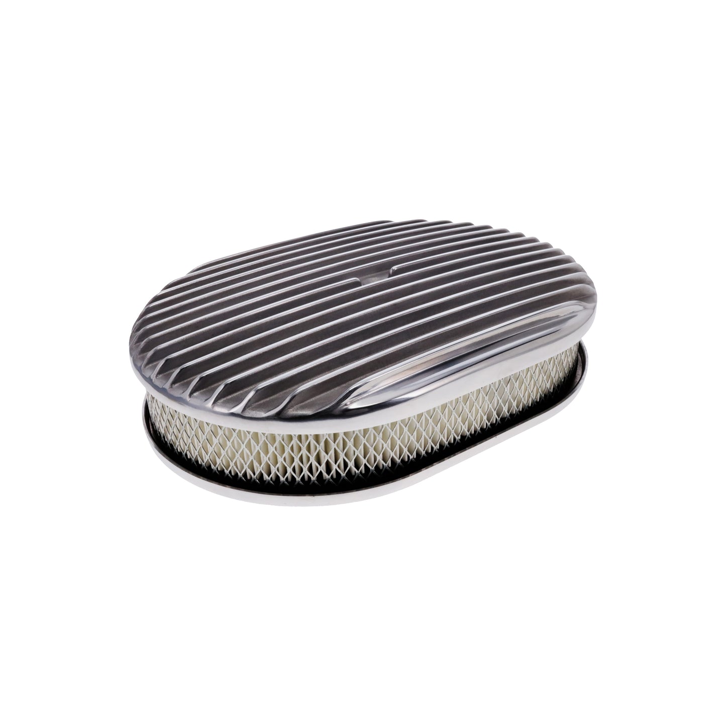 12″ X 2″ Full Finned Oval Aluminum Air Cleaner Kit, Paper Filter, Flat Base - Polished