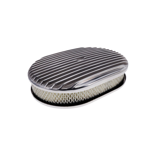 12″ X 2″ Full Finned Oval Aluminum Air Cleaner Kit, Paper Filter, Flat Base - Polished