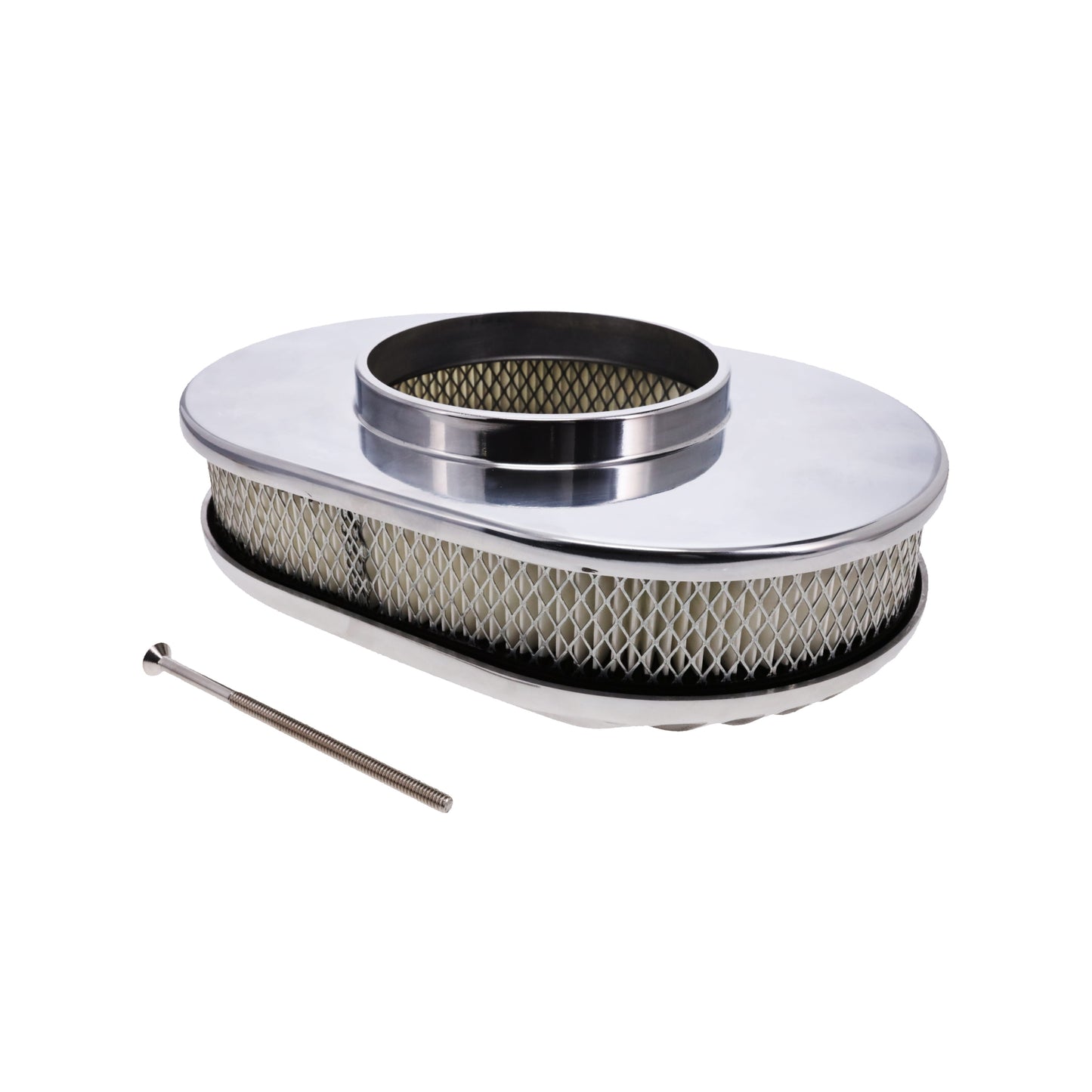 12″ X 2″ Full Finned Oval Aluminum Air Cleaner Kit, Paper Filter, Flat Base - Polished
