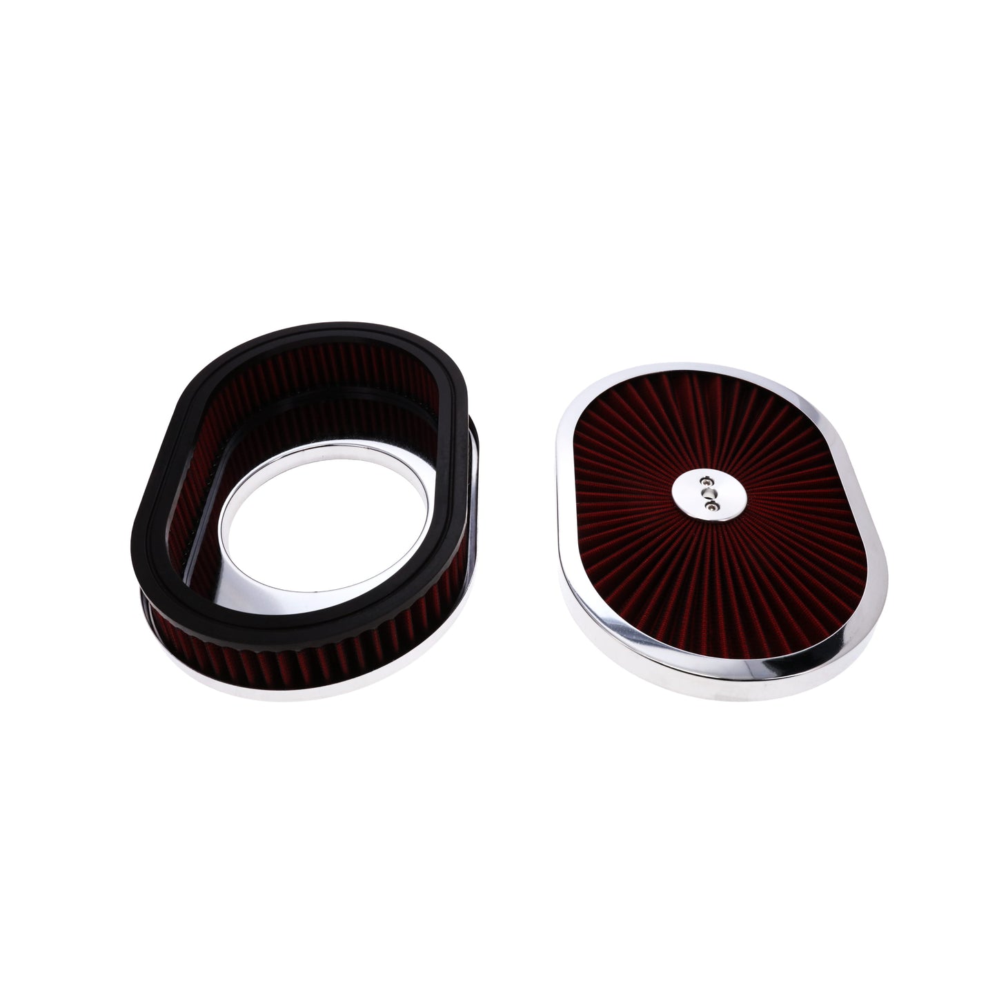 12" X 2" Oval Steel Air Cleaner Kit, Red Washable Filter, Flat Base - Chrome