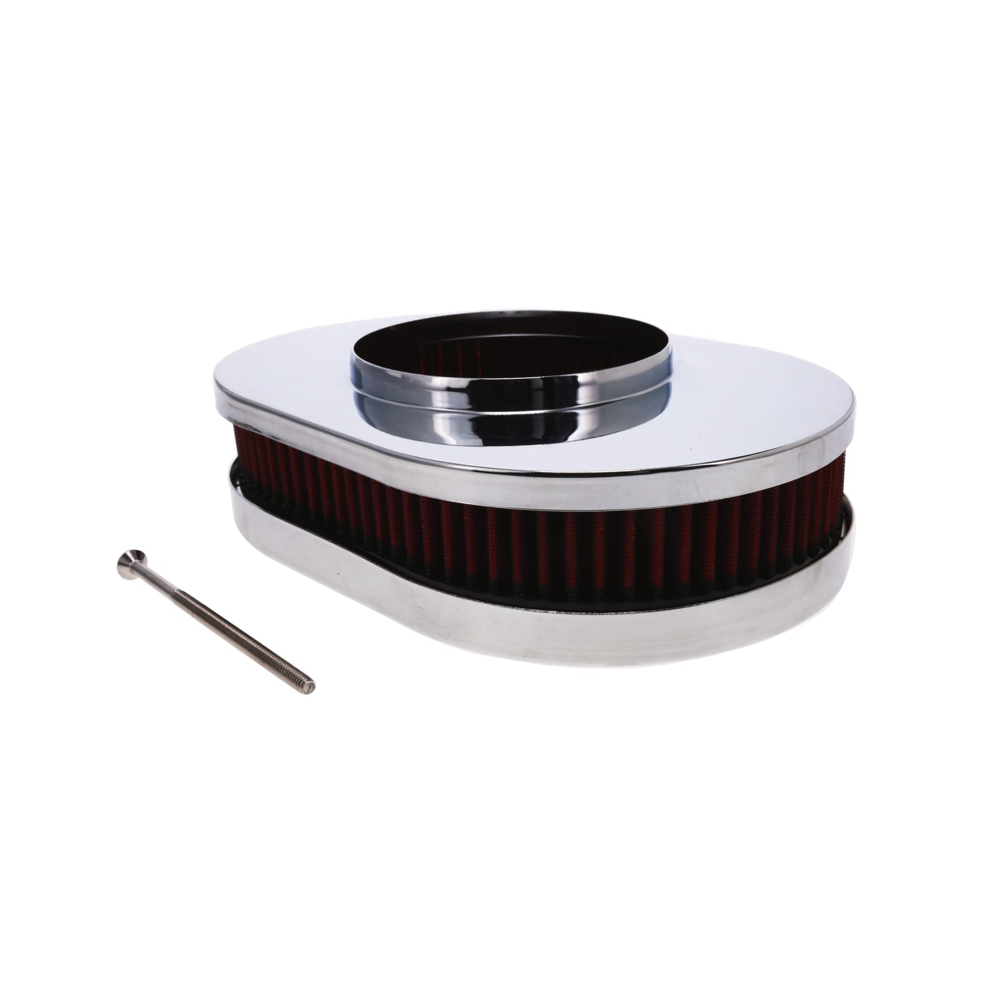 12" X 2" Oval Steel Air Cleaner Kit, Red Washable Filter, Flat Base - Chrome