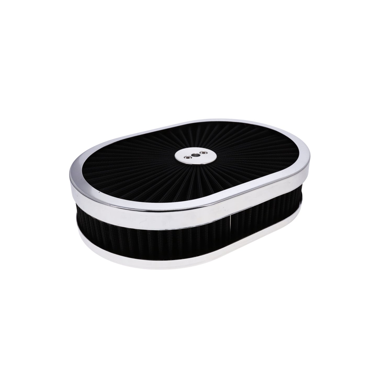 12" X 2" Oval Steel Air Cleaner Kit, Black Washable Filter, Flat Base - Chrome