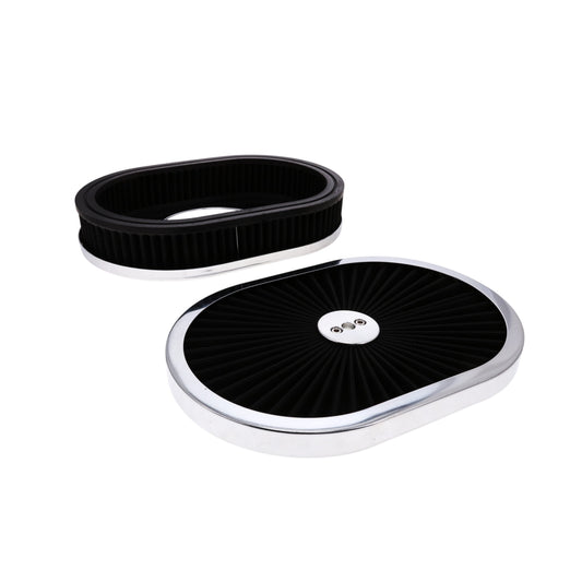 12" X 2" Oval Steel Air Cleaner Kit, Black Washable Filter, Flat Base - Chrome
