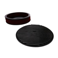 14" X 3" Full Finned Round Aluminum Air Cleaner Kit, Red Washable Filter, Flat Base - Black