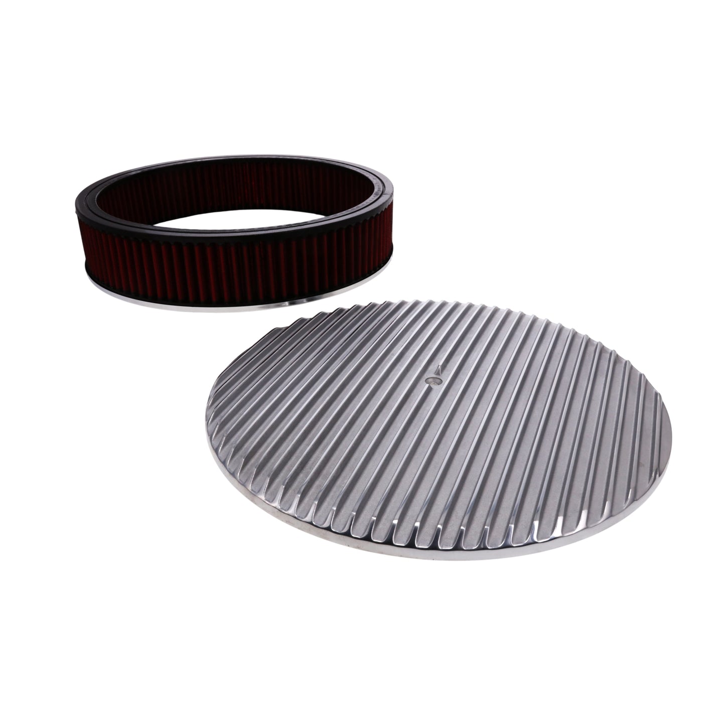 14" X 3" Full Finned Round Aluminum Air Cleaner Kit, Red Washable Filter, Flat Base - Polished