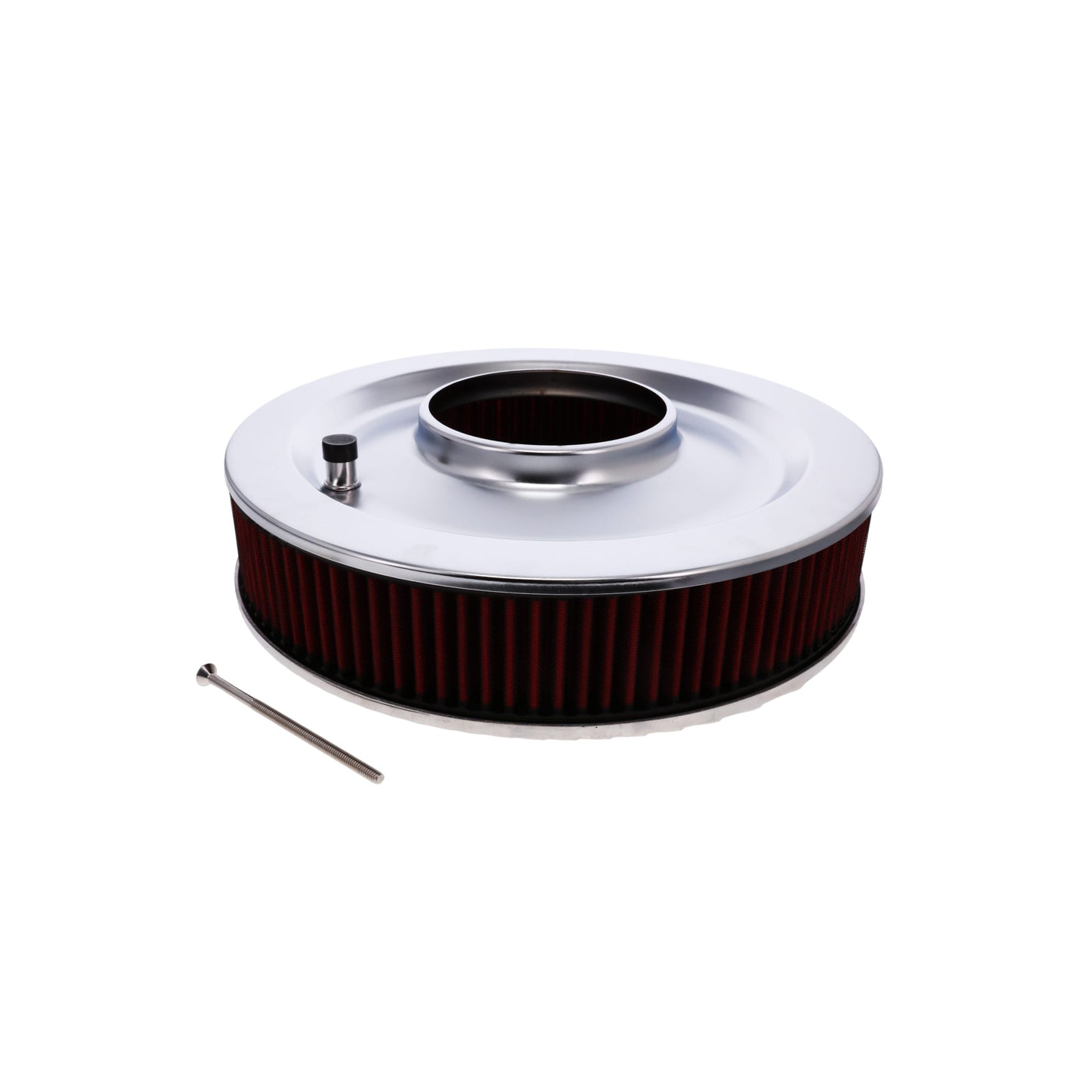 14" X 3" Full Finned Round Aluminum Air Cleaner Kit, Red Washable Filter, Flat Base - Polished