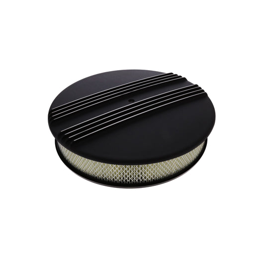 14" X 3" Center Finned Round Aluminum Air Cleaner Kit, Paper Filter, Flat Base - Black