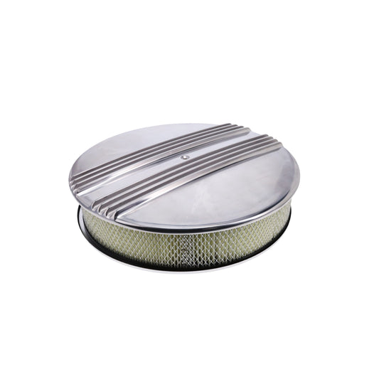 14" X 3" Center Finned Round Aluminum Air Cleaner Kit, Paper Filter, Flat Base - Polished