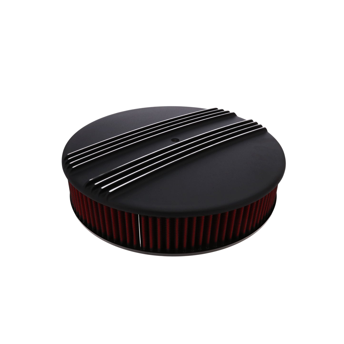 14" X 3" Center Finned Round Aluminum Air Cleaner Kit, Red Washable Filter, Flat Base - Black