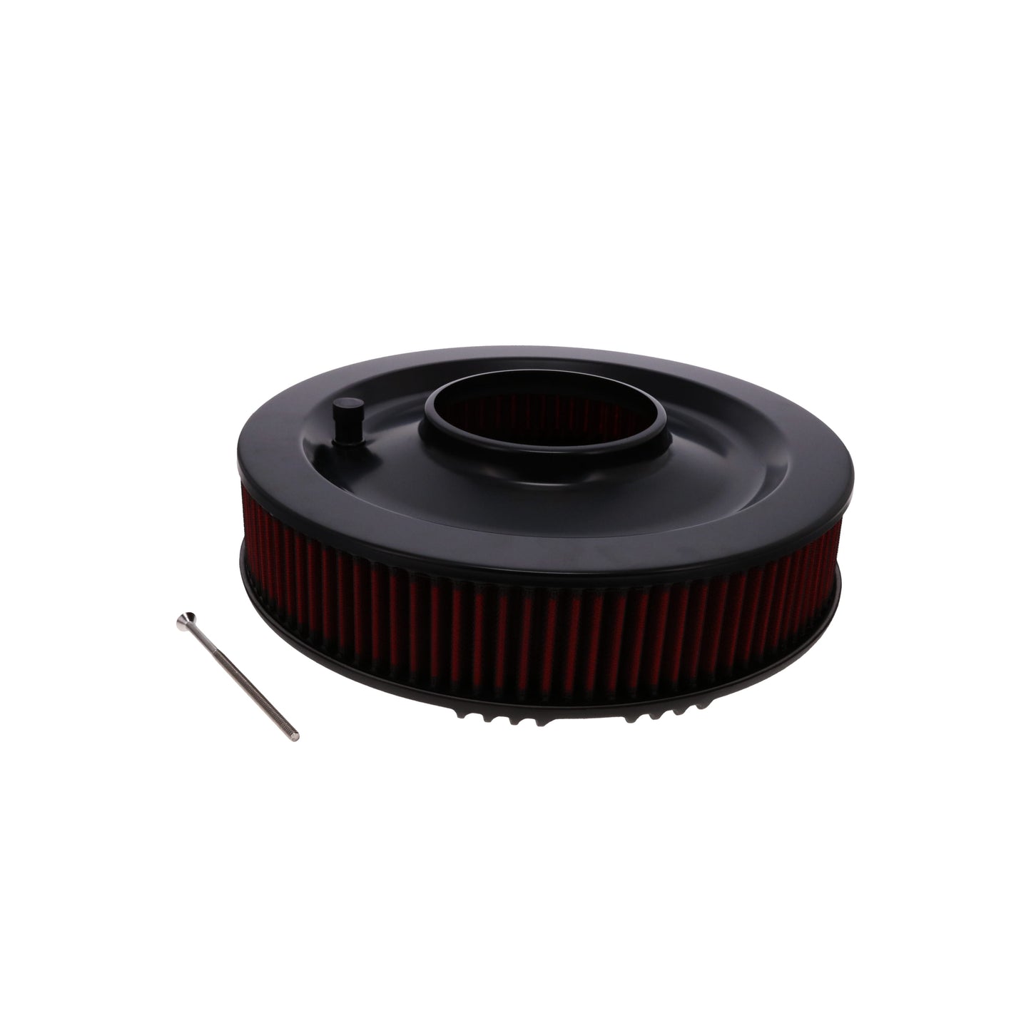 14" X 3" Center Finned Round Aluminum Air Cleaner Kit, Red Washable Filter, Flat Base - Black
