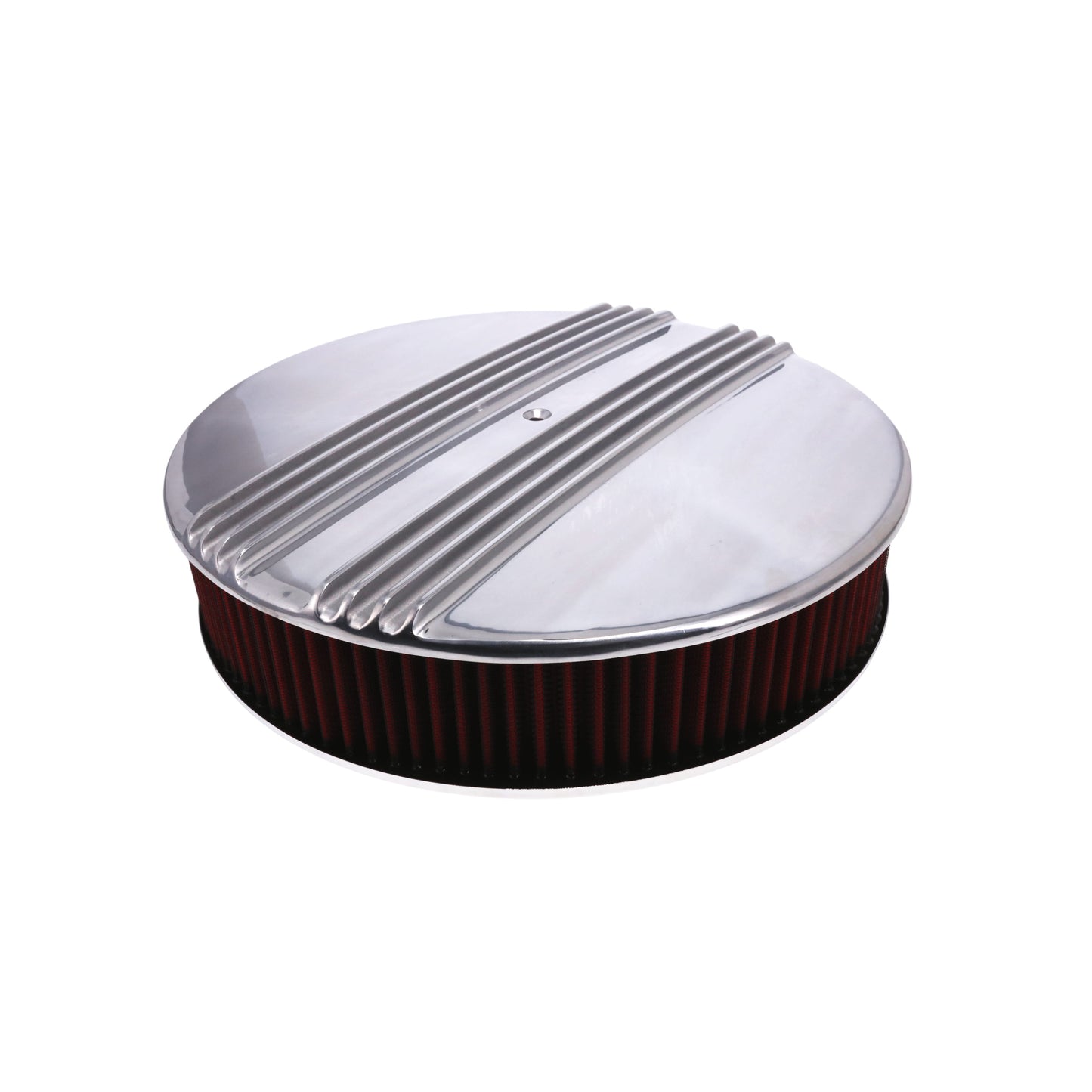 14" X 3" Center Finned Round Aluminum Air Cleaner Kit, Red Washable Filter, Flat Base - Polished