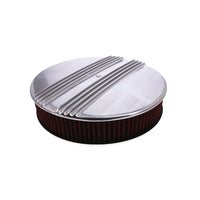 14" X 3" Center Finned Round Aluminum Air Cleaner Kit, Red Washable Filter, Flat Base - Polished