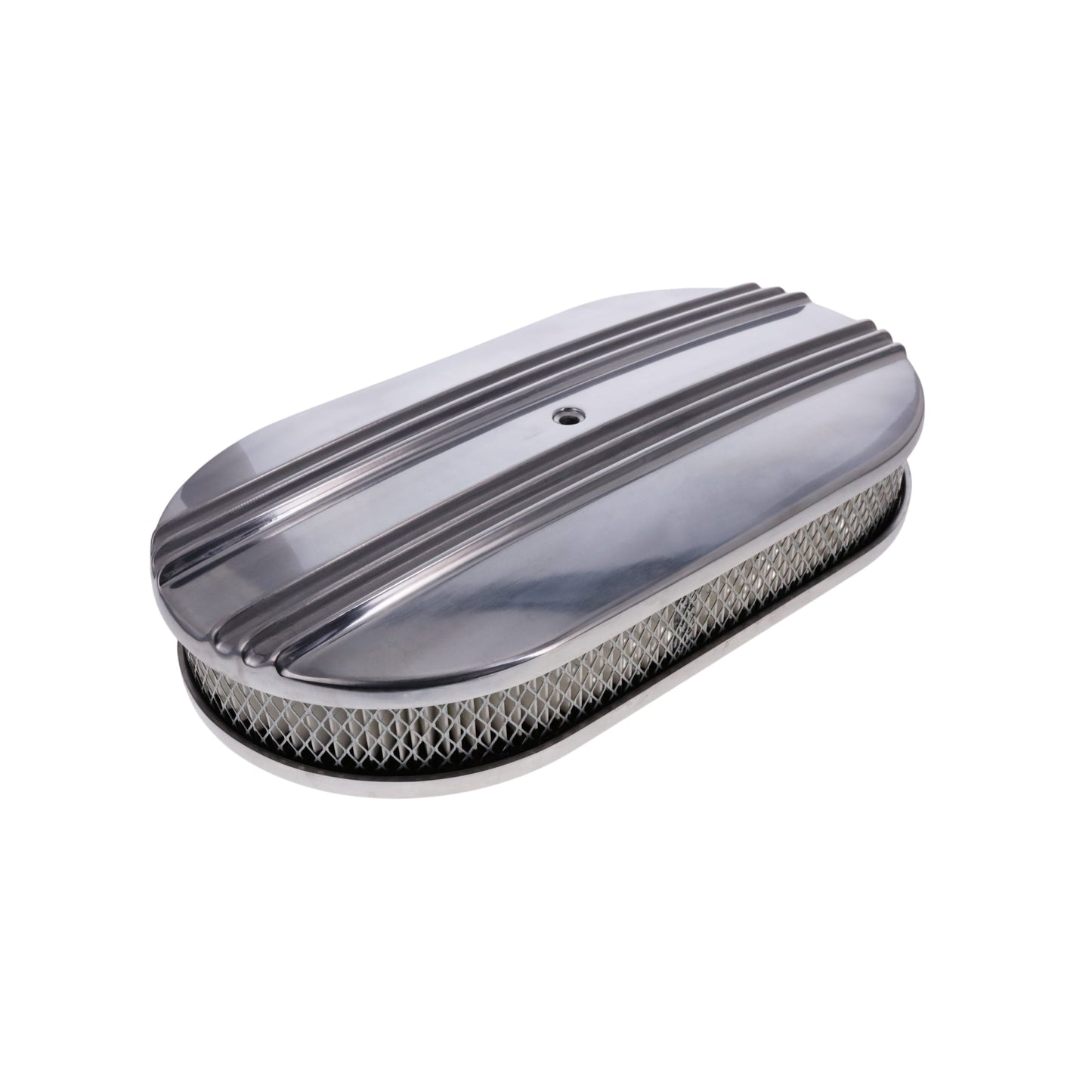 15" X 2" Center Finned Oval Aluminum Air Cleaner Kit, Paper Filter, Flat Base - Polished