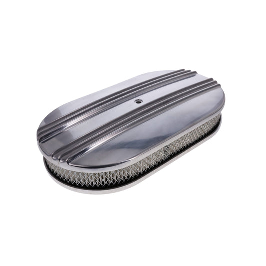 15" X 2" Center Finned Oval Aluminum Air Cleaner Kit, Paper Filter, Flat Base - Polished
