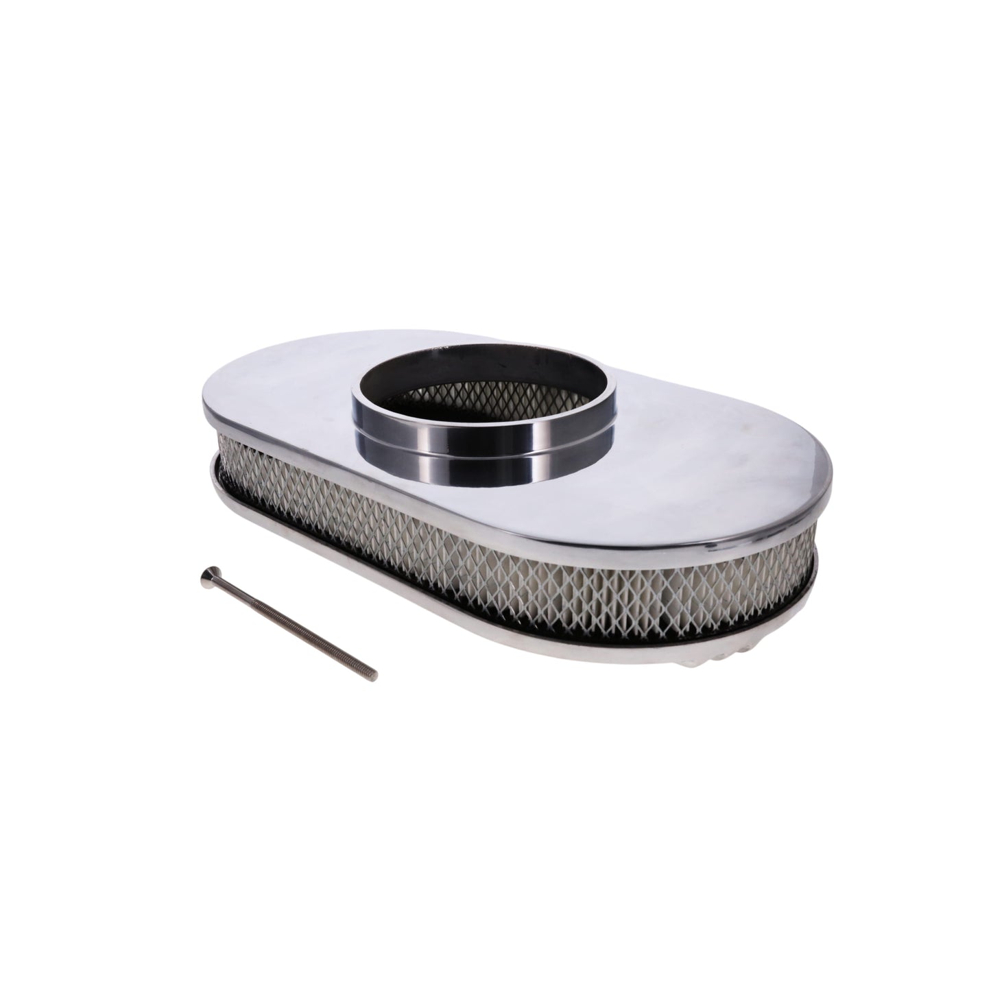 15" X 2" Center Finned Oval Aluminum Air Cleaner Kit, Paper Filter, Flat Base - Polished