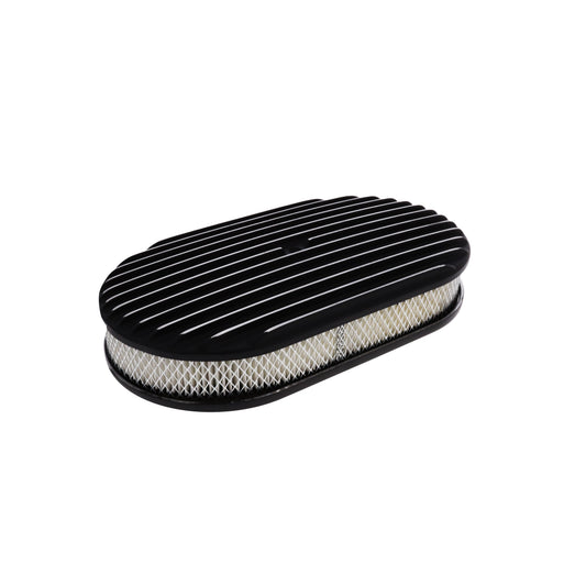 15" X 2" Full Finned Oval Aluminum Air Cleaner Kit, Paper Filter, Flat Base - Black