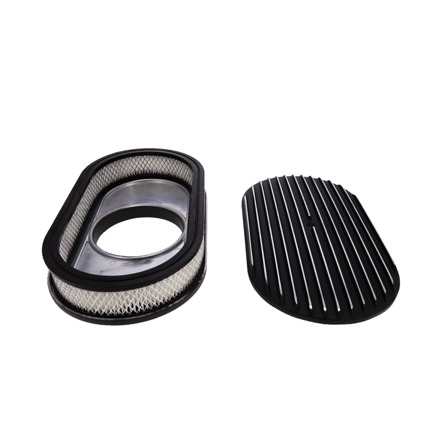 15" X 2" Full Finned Oval Aluminum Air Cleaner Kit, Paper Filter, Flat Base - Black