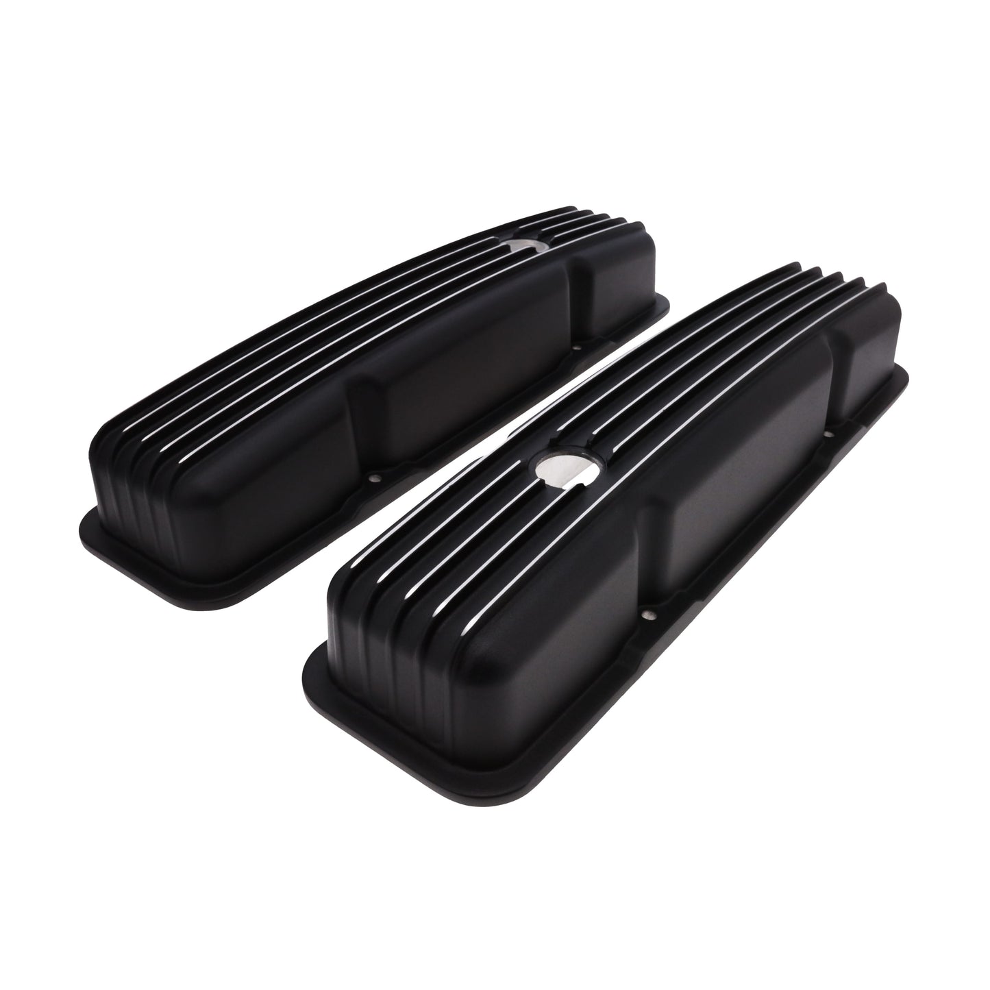 1958-1986 Chevy SB Finned Aluminum Valve Covers, 2 9/16" Ht., 1.25" Hole - Black