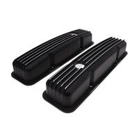 1958-1986 Chevy SB Finned Aluminum Valve Covers, 2 9/16" Ht., 1.25" Hole - Black