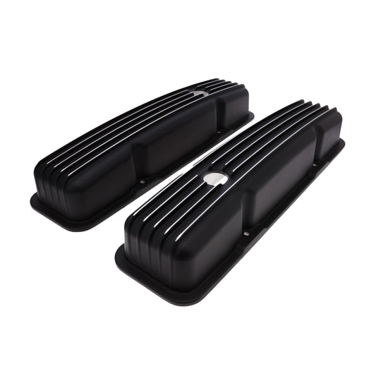 1958-1986 Chevy SB Finned Aluminum Valve Covers, 2 9/16" Ht., 1.25" Hole - Black